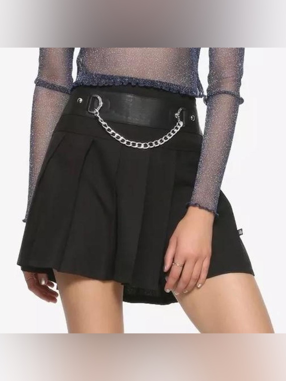 Royal Bones Black Pleated Mini Skirt with Silver Chain Trim